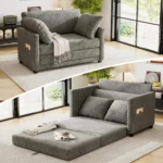 Gray chenille loveseat shown as a sofa and unfolded into a floor-level bed