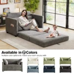 Loveseat opened into a bed with a woman and a child on it
