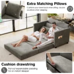 Extra pillows and the strap that pulls the seat cushion out into a bed