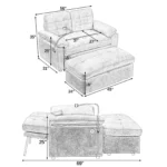 Drawings: loveseat 56 × 31 × 35 in, ottoman 45 × 24 × 18 in, bed 69 in long