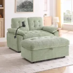 Green loveseat and matching ottoman in a living room, with the phone holder on the arm