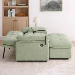 Loveseat with the backrest folded down flat and the ottoman in front