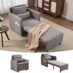 Gray sleeper chair pulled out into a single bed, with small views of the chair and bed modes