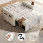 Loveseat opened as a bed, with close-ups of the foam, metal frame and linen fabric