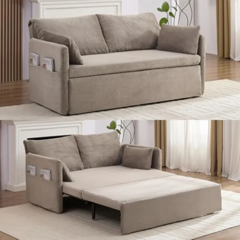 Taupe bubble fleece loveseat closed and pulled out into a bed