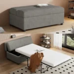 Gray upholstered ottoman closed, and opened into a single bed with a white mattress