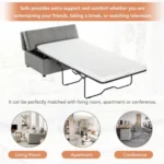 Opened guest bed on its folding metal frame, with living room, apartment and office settings