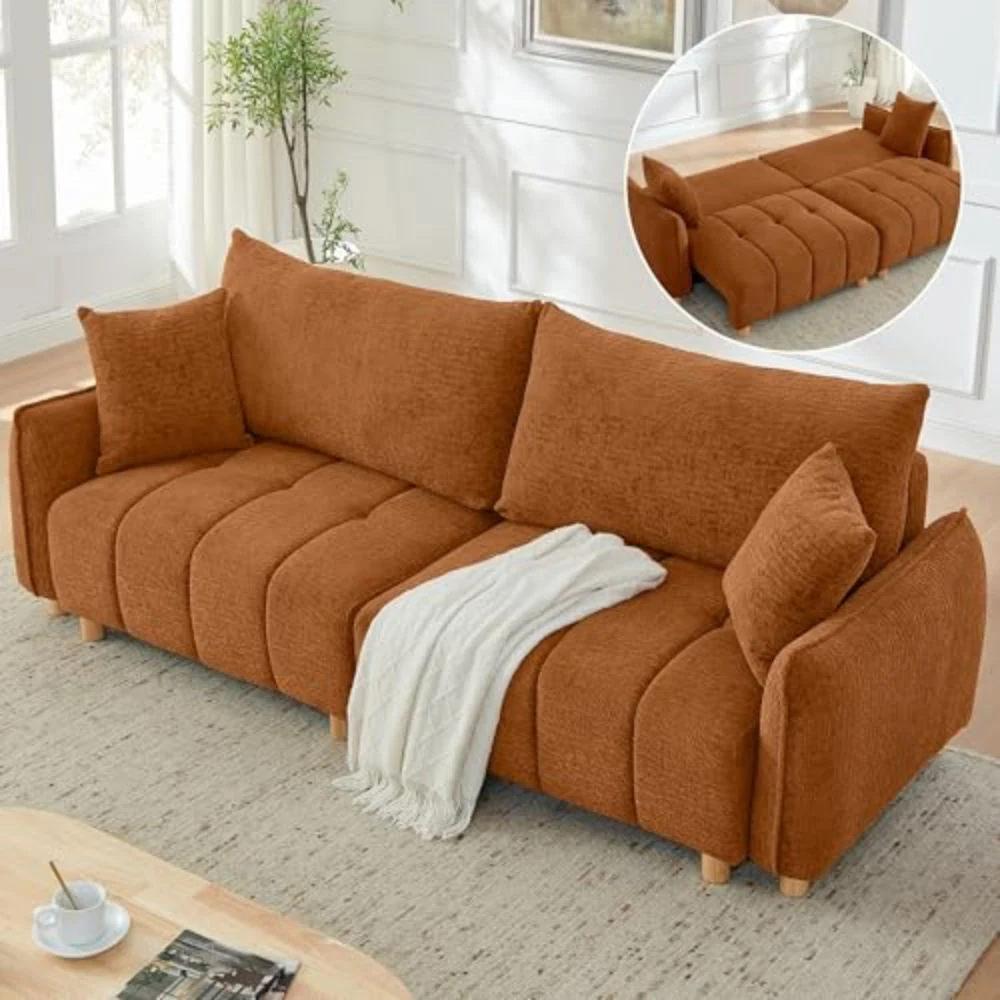 Rust orange chenille sofa with pillows, and an inset of the sofa opened into a bed
