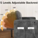 Backrest reclining in five steps from 100° to 180°, with a USB port in the arm