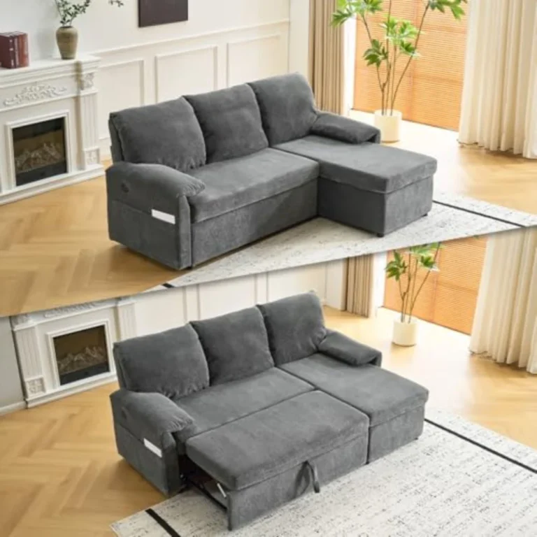 Gray L-shaped sofa as a sofa and with the bed pulled out