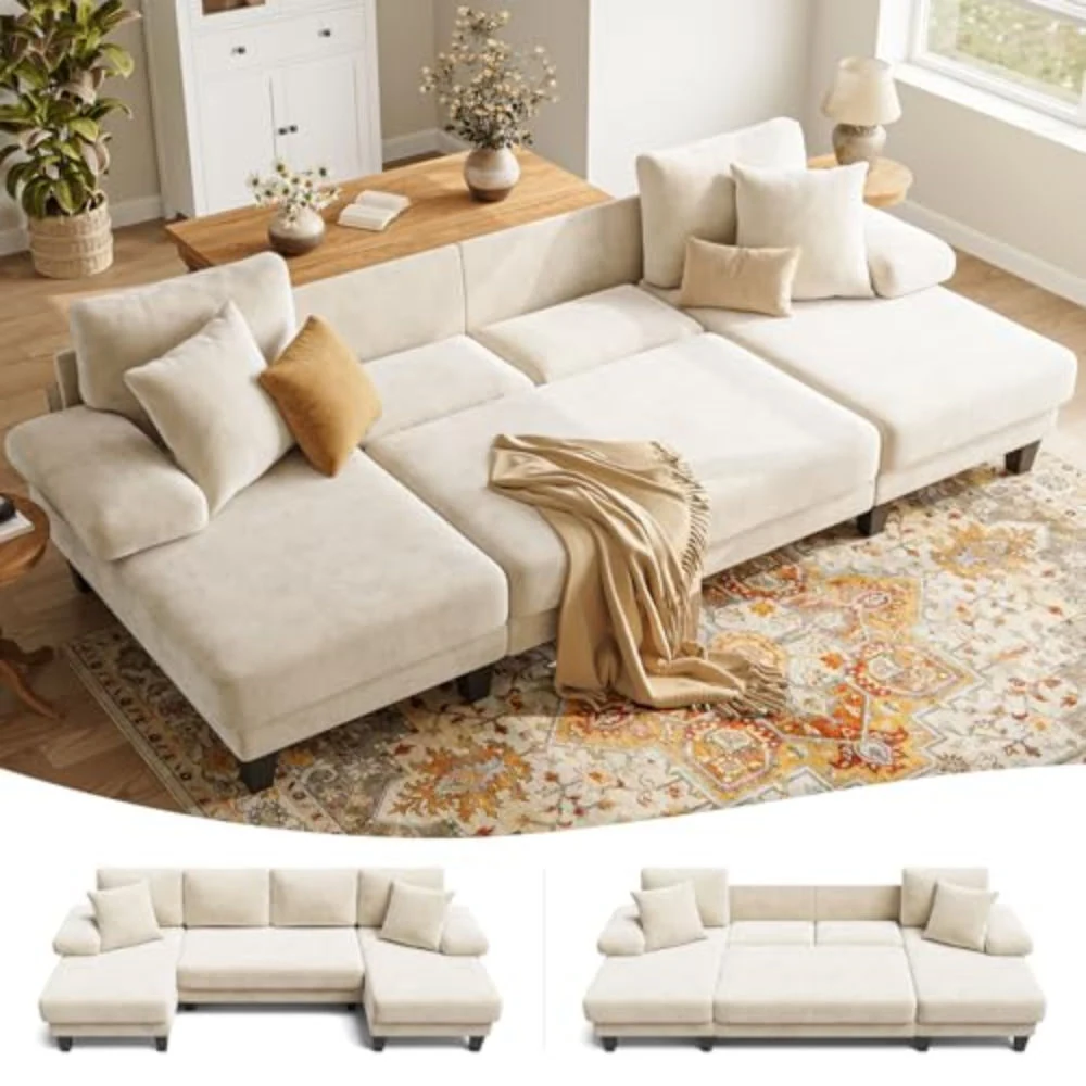 Cream U-shaped sectional opened into a bed, with small views as a sofa and as a bed