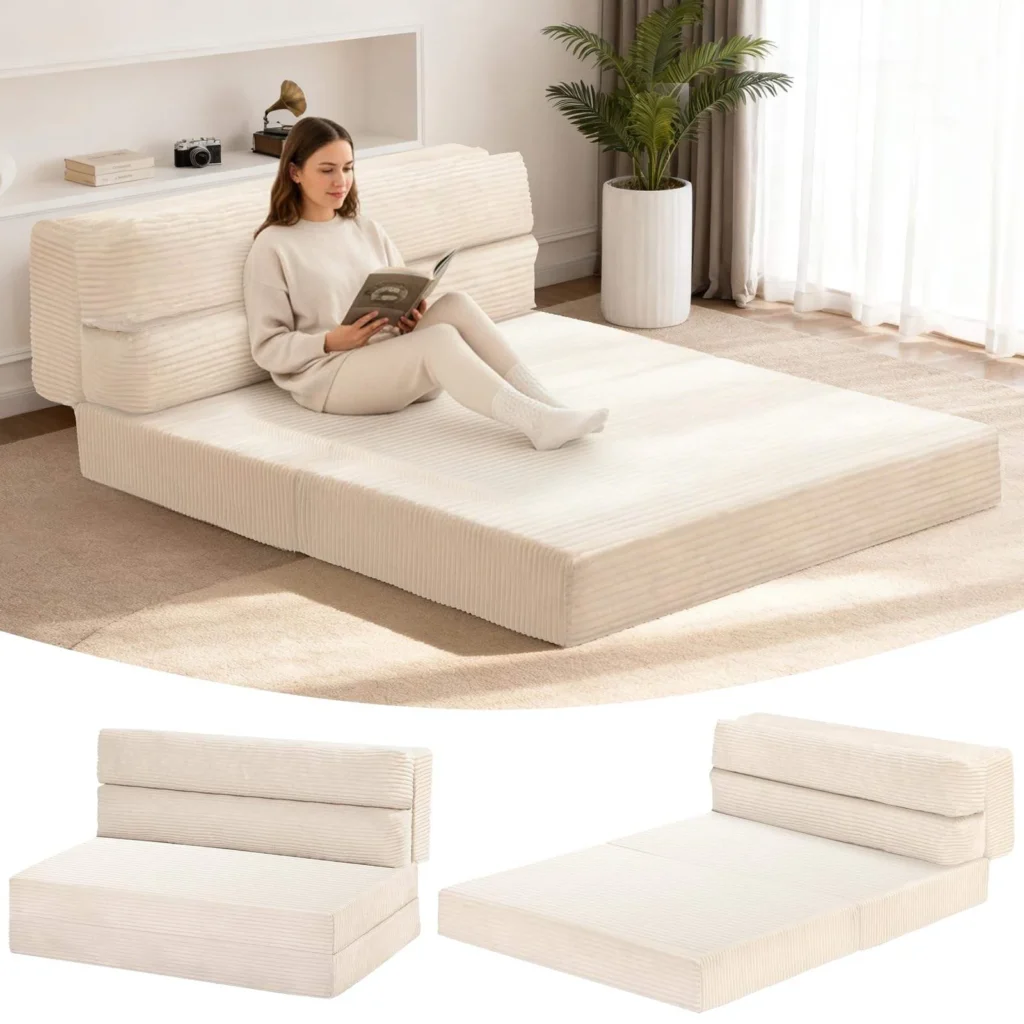 Woman reading on the beige corduroy floor sofa opened flat, with sofa and mattress views