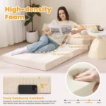 Woman lounging on the folded sofa, with a close-up of the 5 in foam
