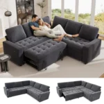 Couple lounging on the dark gray corner sectional with the bed pulled out