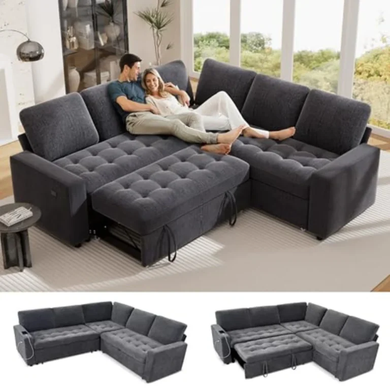 Couple lounging on the dark gray corner sectional with the bed pulled out