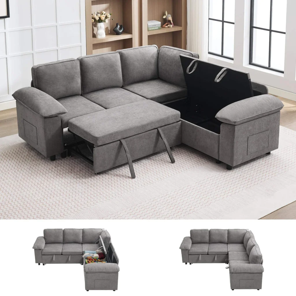Gray corner sectional with the bed pulled out and the storage seat open