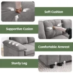 Close-ups of the soft seat, firm back cushion, padded arm and legs