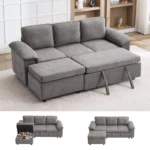 Gray three-seat sectional with the bed pulled out, plus views with the ottoman on each side