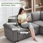 Woman reading on the gray chenille sectional