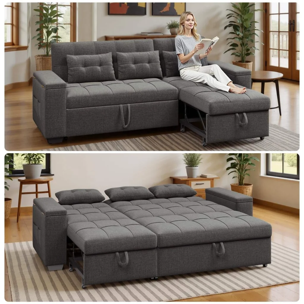 Charcoal sectional as a sofa with a woman reading, and opened into a bed