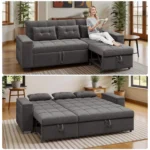 Charcoal sectional as a sofa with a woman reading, and opened into a bed