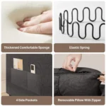 Close-ups of the foam, sinuous springs, side pockets and zipped pillow cover