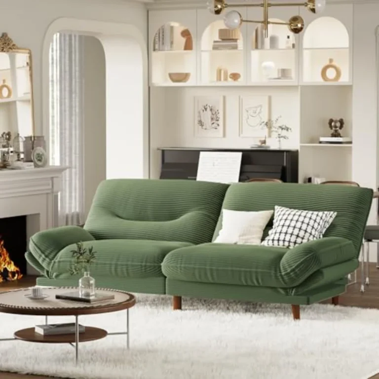 Olive green corduroy futon with pillows in a living room