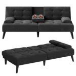 Futon as a sofa with cup holders, and folded flat as a bed