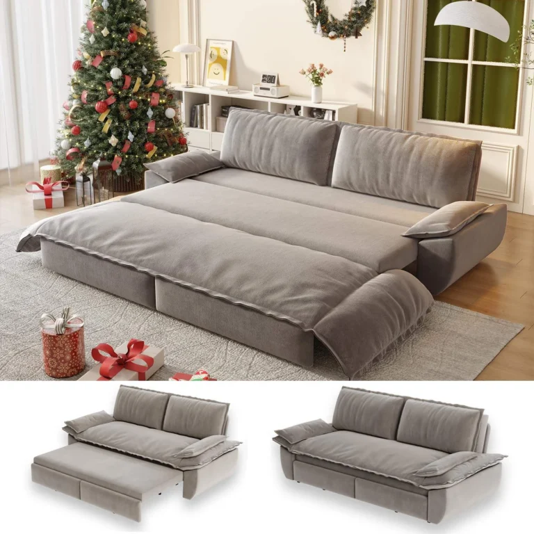 Taupe velvet sofa pulled out into a bed, with small sofa and bed views