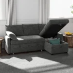 Gray chenille L-shaped sofa with the storage chaise open