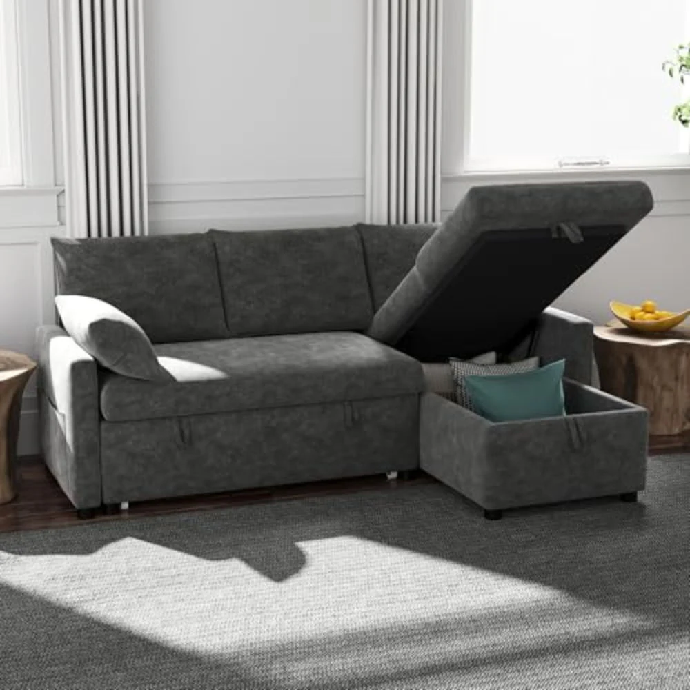 Gray chenille L-shaped sofa with the storage chaise open