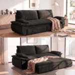 Black corduroy sofa closed and pulled out into a bed