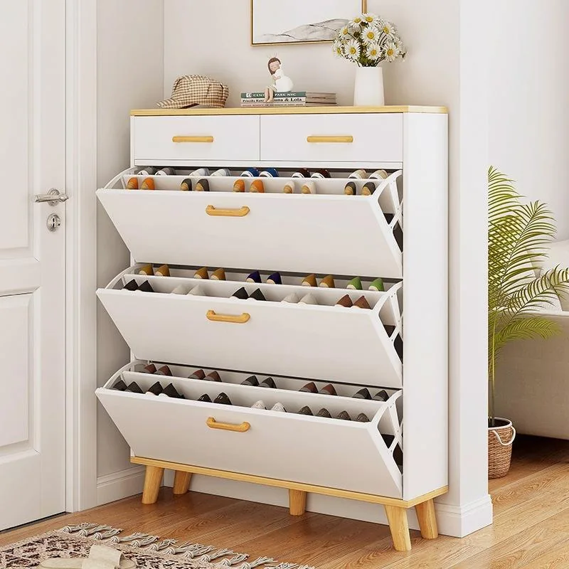 Four-Tier Slim Wooden Flip-Drawer Shoe Cabinet