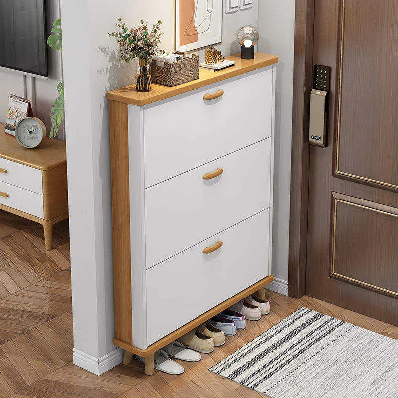 Modern Slim Solid-Wood Flip-Drawer Shoe Cabinet