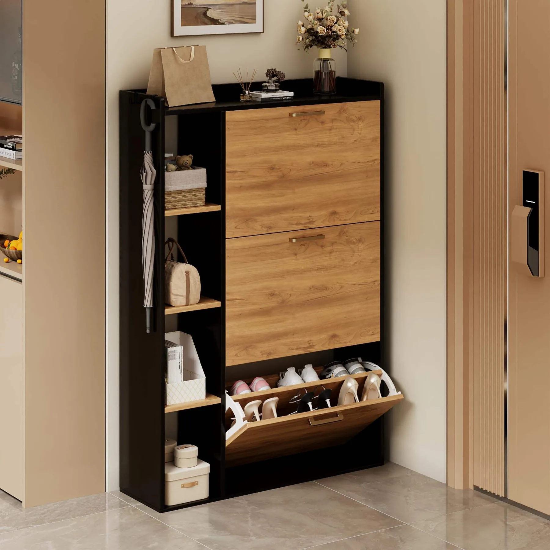 24 cm Deep Three-Flip MDF Shoe Cabinet for 14–19 Pairs