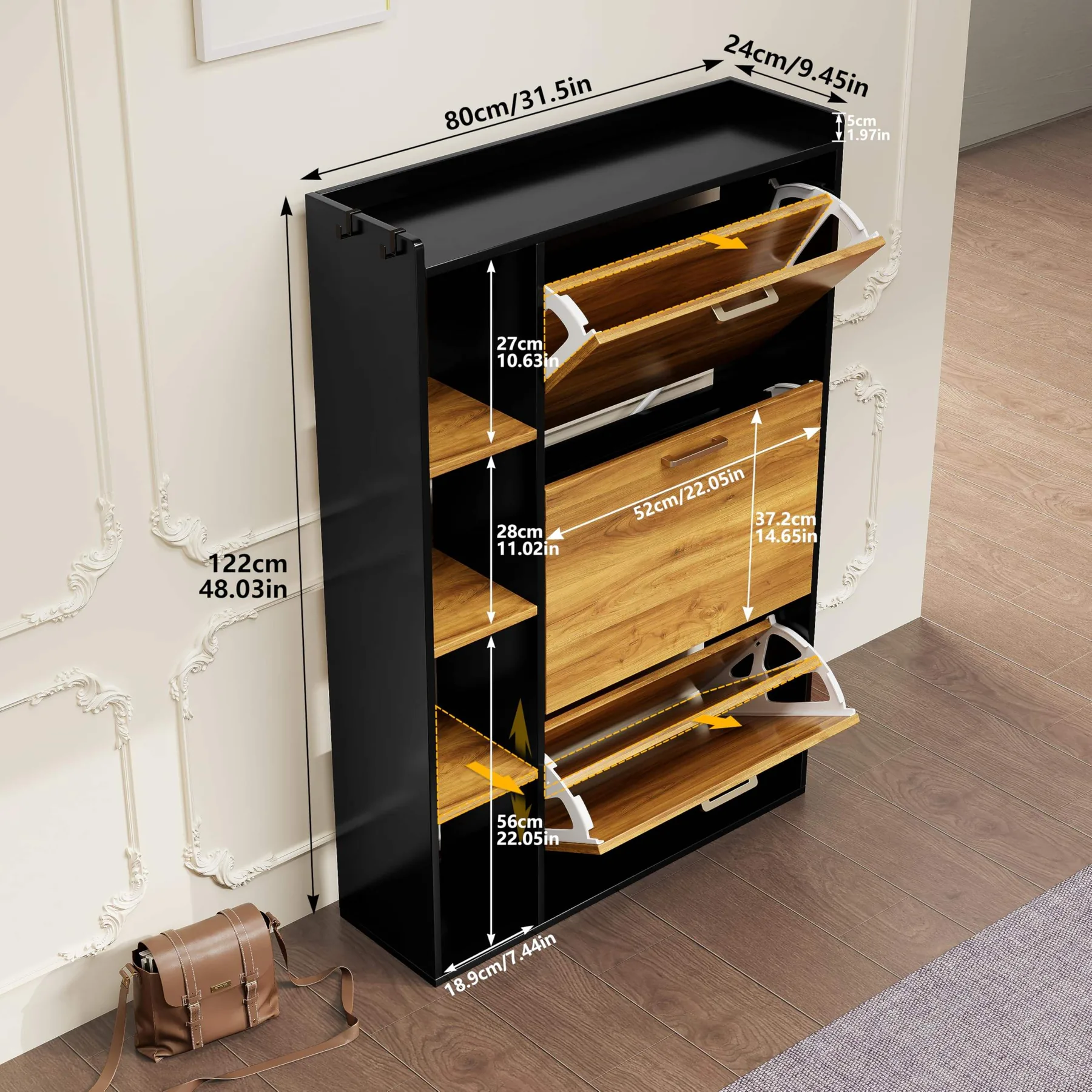 24 cm Deep Three-Flip MDF Shoe Cabinet for 14–19 Pairs product view 2