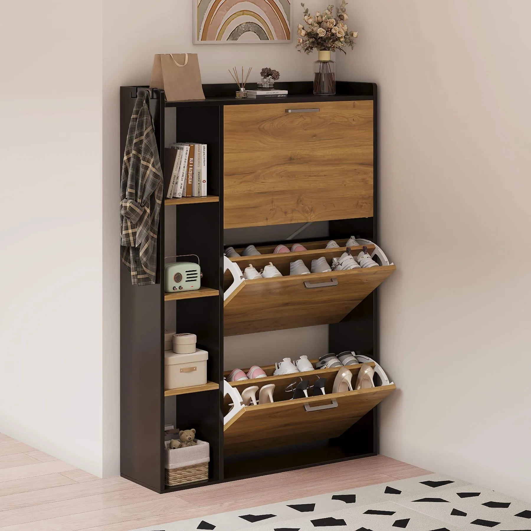 24 cm Deep Three-Flip MDF Shoe Cabinet for 14–19 Pairs product view 3