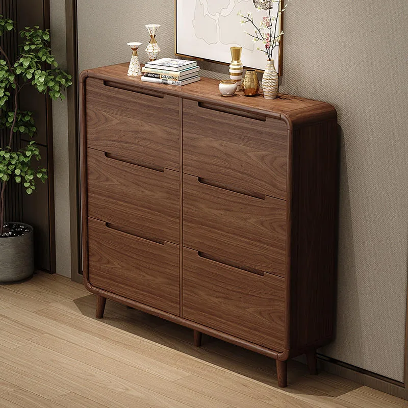 Rustic Walnut Six-Drawer Slim Shoe Cabinet