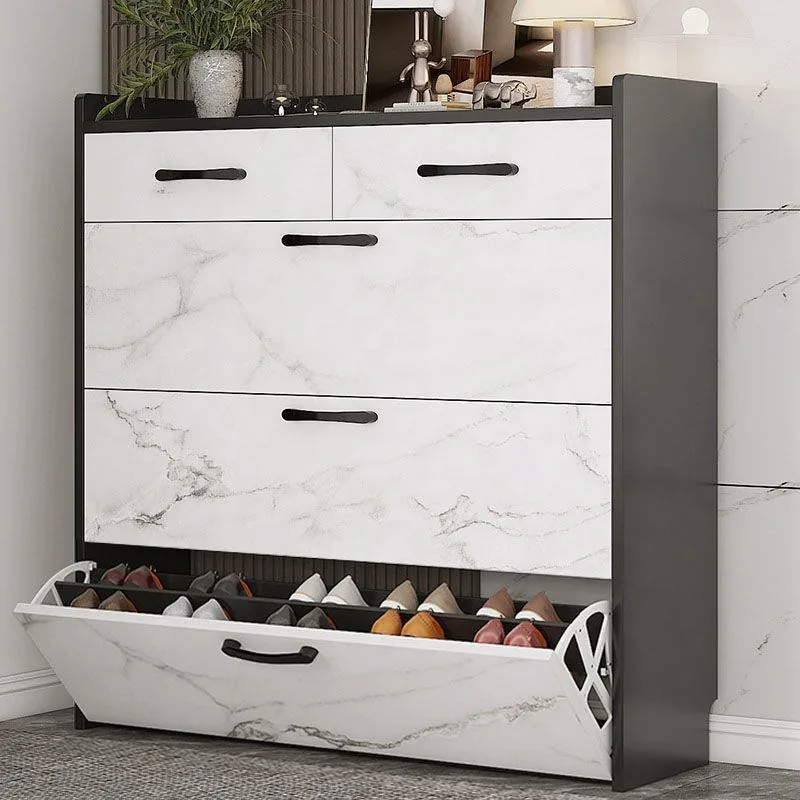 White Four-Tier Wooden Flip-Drawer Shoe Cabinet