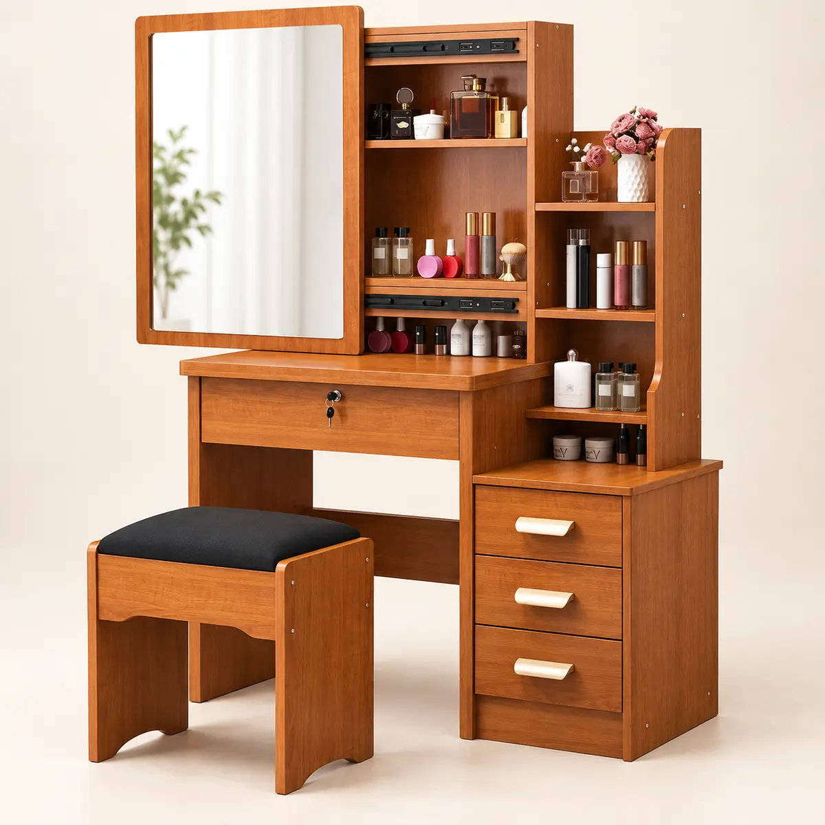 Integrated Storage Vanity Desk with Mirror & Stool craftsmanship and configuration detail