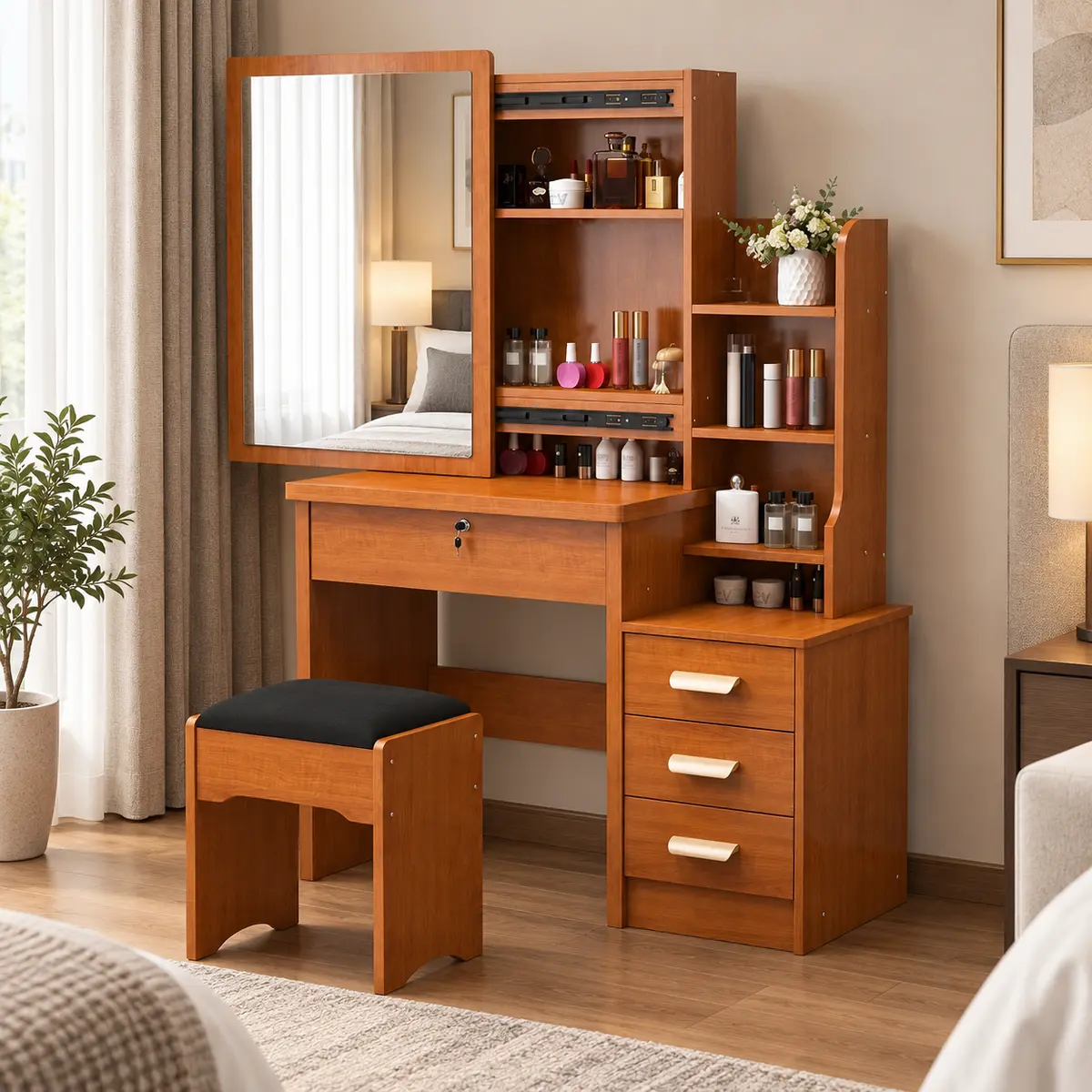 Integrated Storage Vanity Desk with Mirror & Stool in a hotel guestroom setting