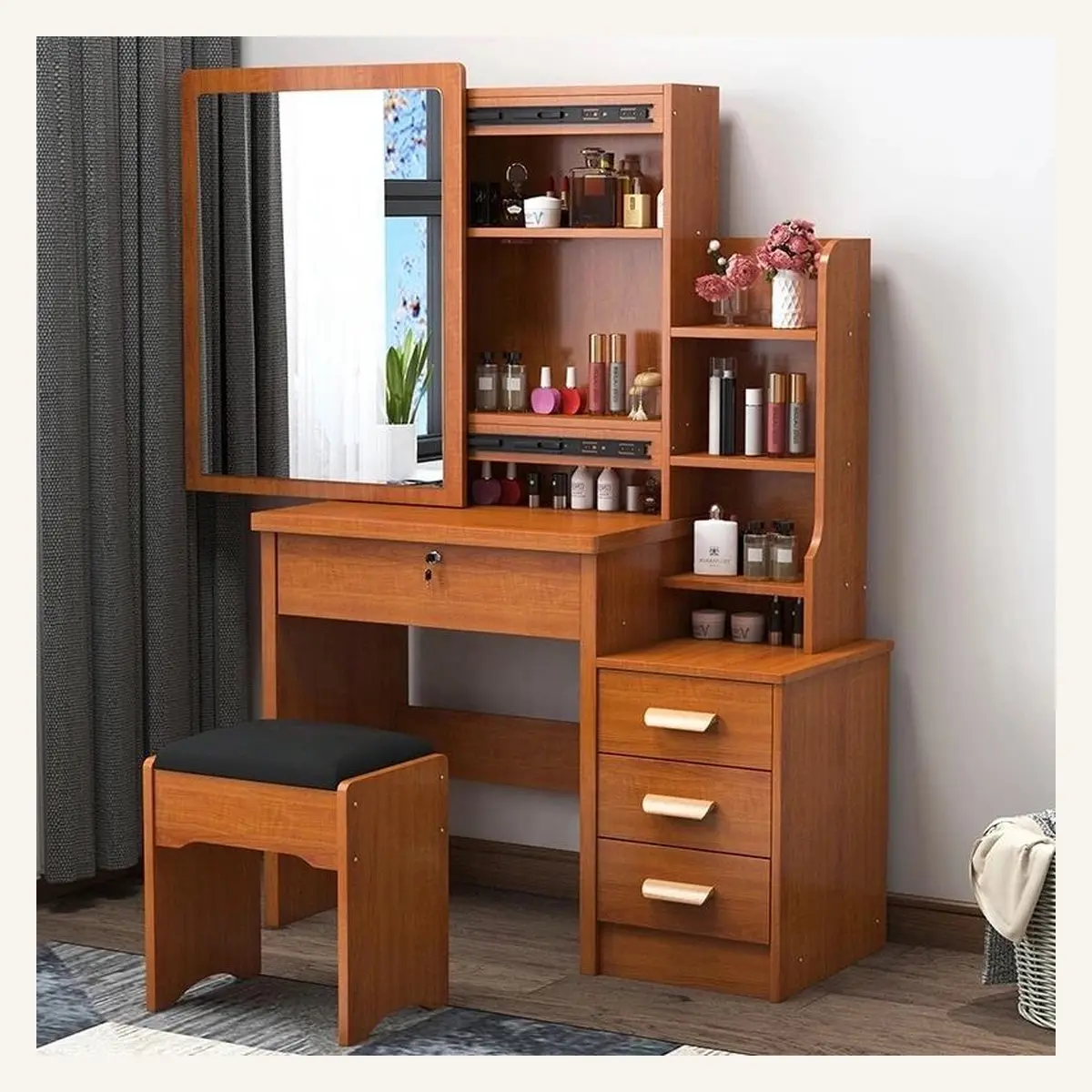 Integrated Storage Vanity Desk with Mirror & Stool