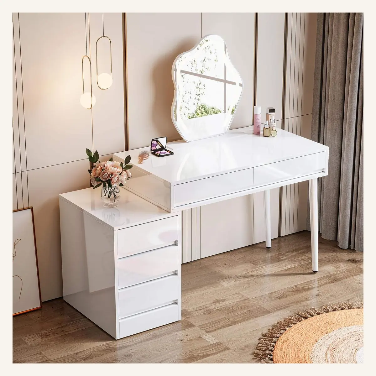 Reversible White Vanity Desk with Drawer Cabinet & Mirror