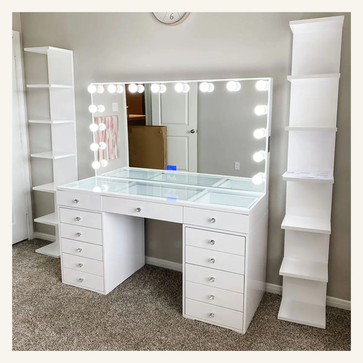 Hollywood LED Vanity Desk with Charging Station & Storage Towers