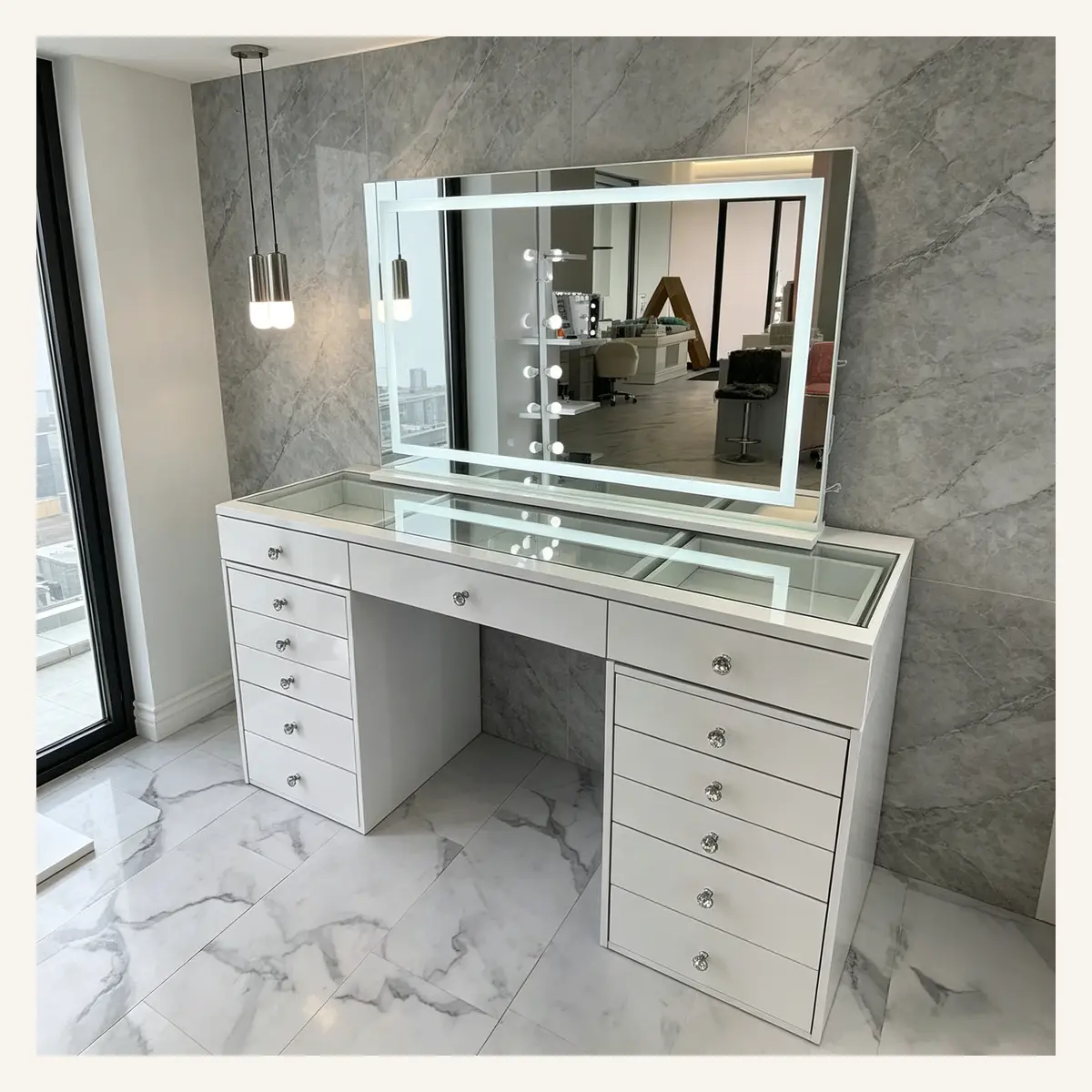 Scratch-Resistant White LED Vanity Desk with Glass-Top Storage
