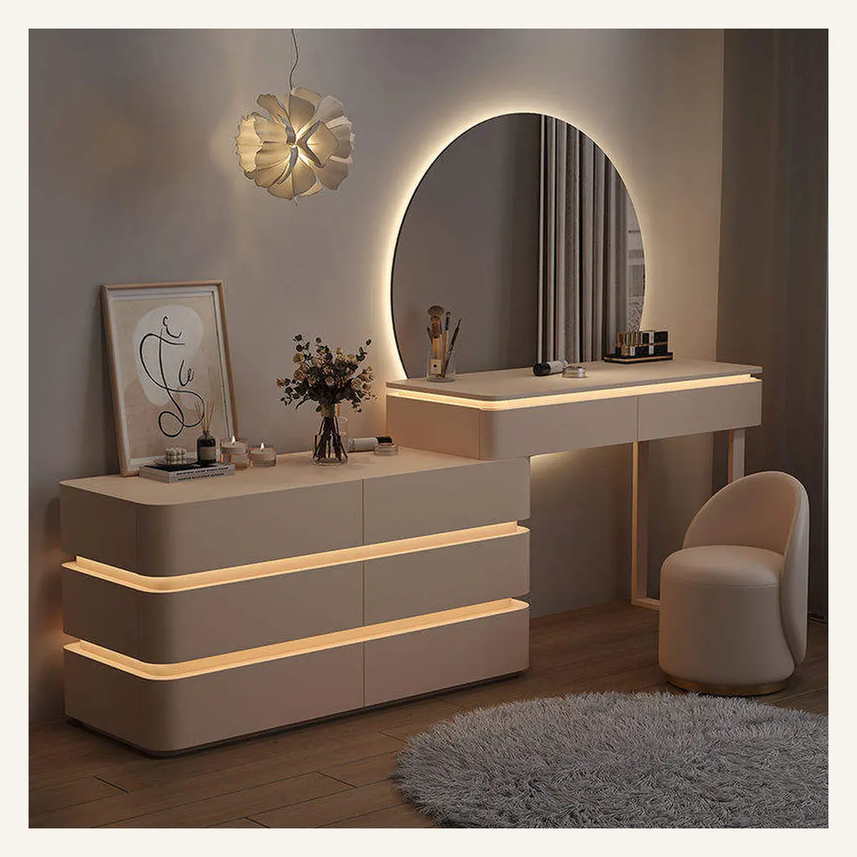 Curved LED Vanity Desk with Multi-Drawer Storage