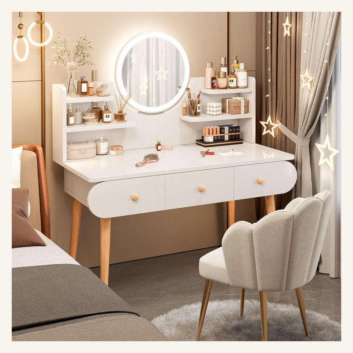 Compact LED Mirror Vanity Desk with Display Shelves