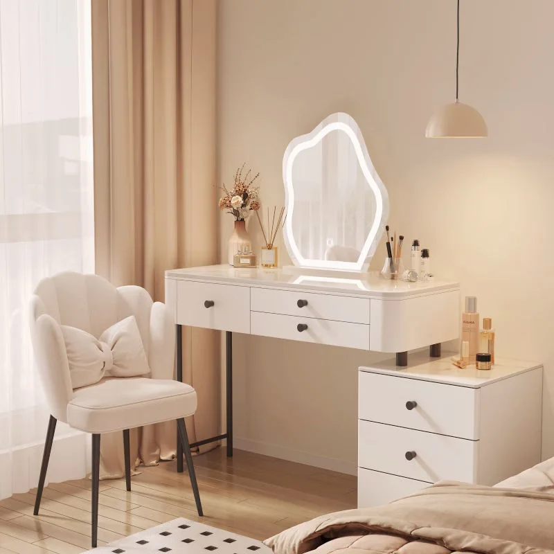 Reversible Stone-Top Vanity Desk with LED Round Mirror & Mobile Drawer Cabinet
