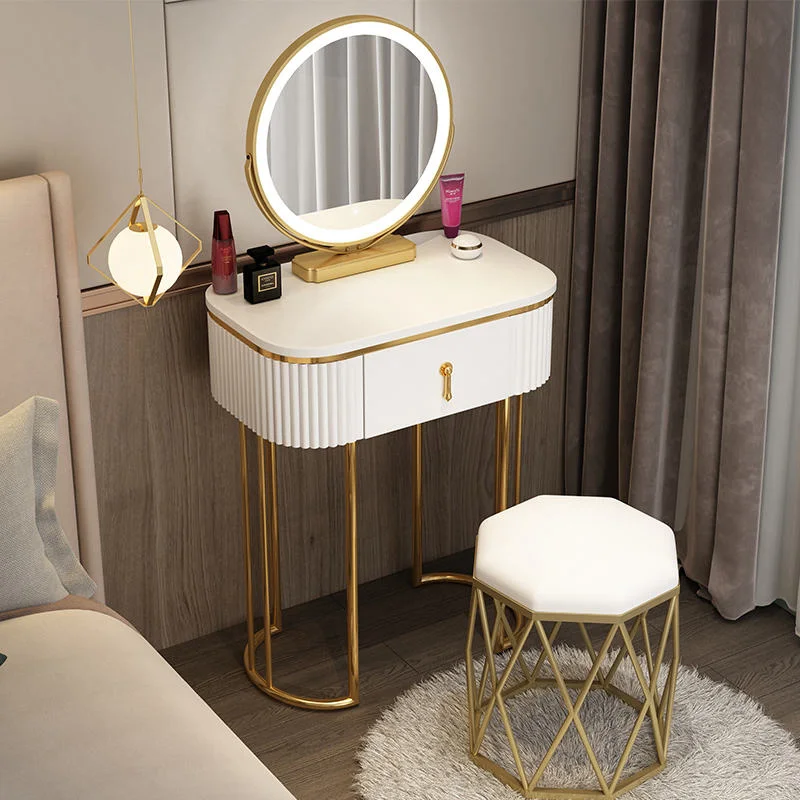 Marble-Look Vanity Desk with Adjustable Three-Color LED Mirror