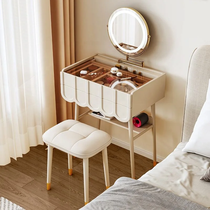 Cream Solid-Wood Vanity Desk with Fluted Storage & LED Mirror